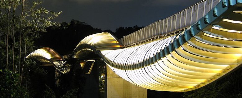 At a height of 36m, the 274m long pedestrian bridge has wave form made up of seven undulating curved steel ribs that alternately rise over and under its deck. Entirely covered with timber, the ribs form little shelters to rest in. 